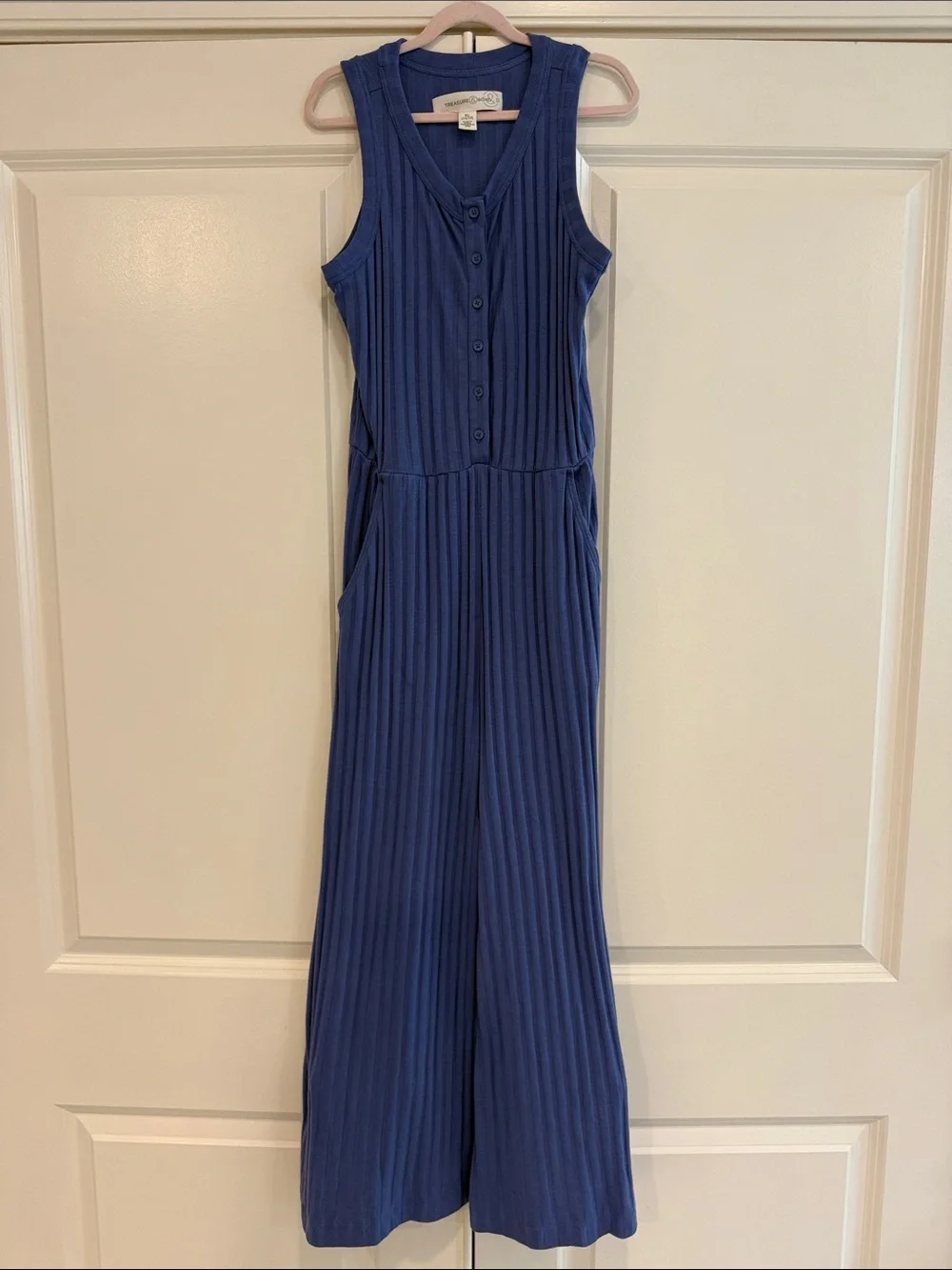 Treasure & Bond Blue Ribbed Button-Front Long Sleeve Jumpsuit
